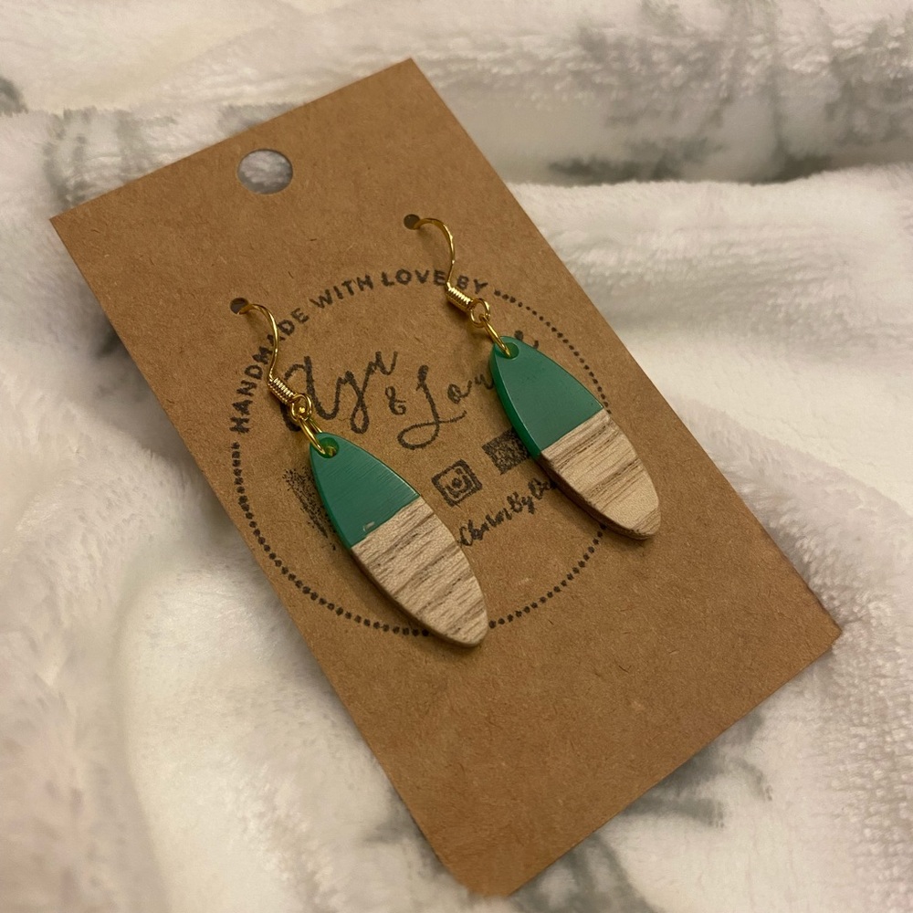 Green Oval Resin and Wood Earrings